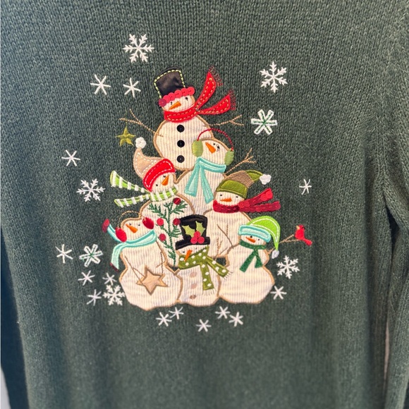 Christopher & Banks Green Snowman Sweater Corduroy Sequin Embroidered Cozy - Picture 2 of 6